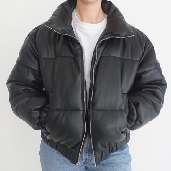 Abercrombie & Fitch Black Vegan Leather Short Crop Puffer Jacket Coat M - Picture 1 of 12